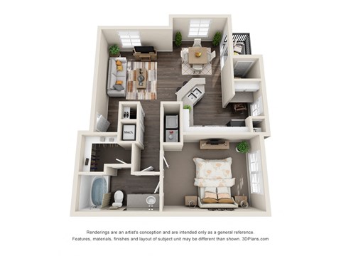 Floor plan for 1 bed, 1 bath, 851 sqft